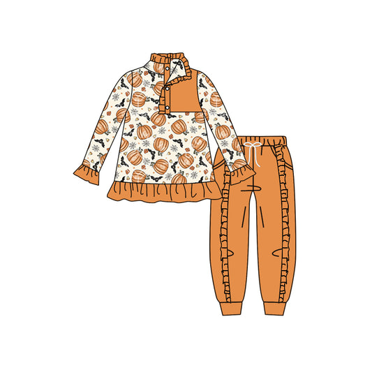 Baby Girls Halloween Pumpkin Pullover Top Ruffle Pants Clothes Sets Preorder(moq 5)