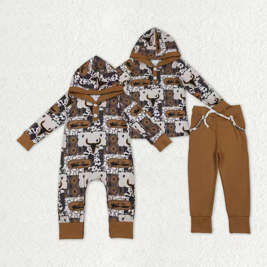 Sibling Baby Boys Aztec Bull Skull Western Clothes Sets Hoodies Footie Rompers