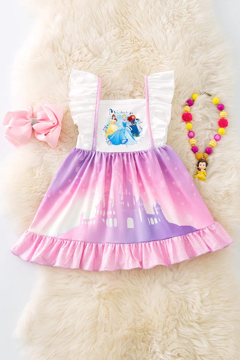 Preorder moq 5 Baby Girls Flutter Sleeves Cartoon Princess Castle Knee Length Dress
