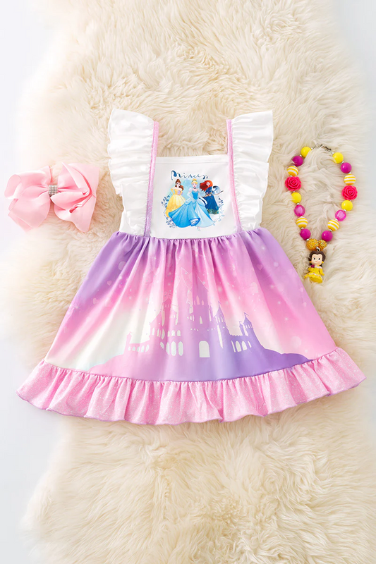 Preorder moq 5 Baby Girls Flutter Sleeves Cartoon Princess Castle Knee Length Dress