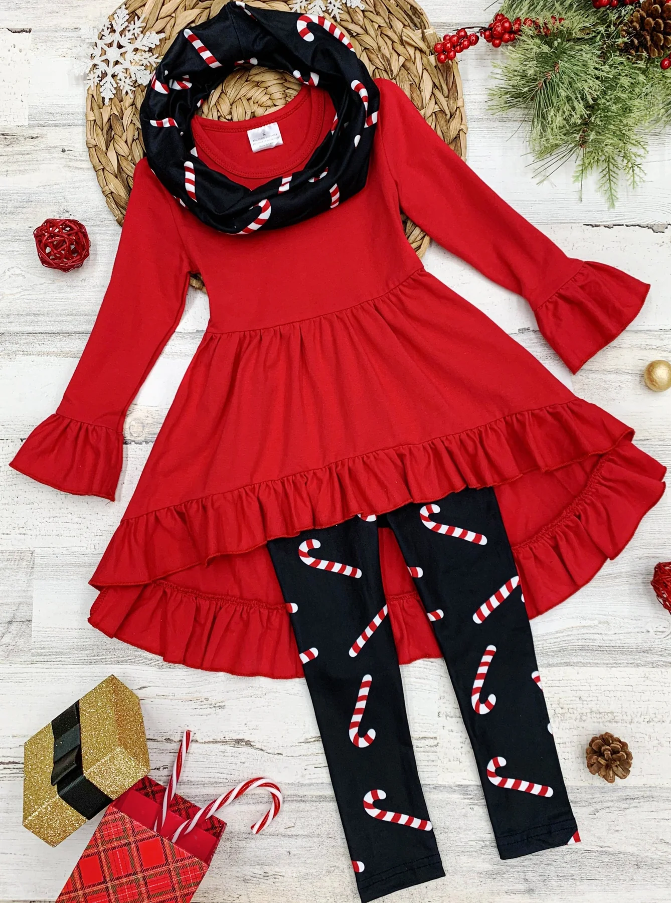 Baby Girls Red Hi-low Tunic Top Christmas Candy Cane Legging Scarf 3pcs Clothes Sets Preorder(moq 5)