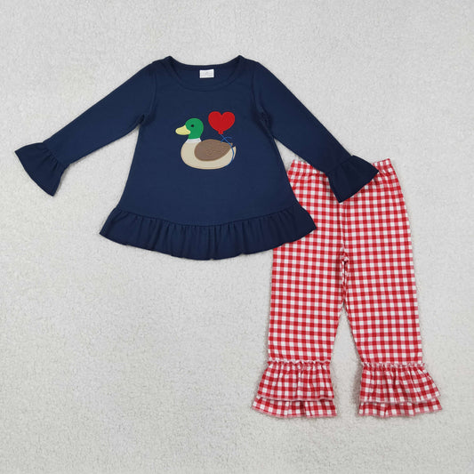 Embroidery Heart Ducks Baby Girls Navy Tunic Red Checked Pants Valentine Clothes Sets