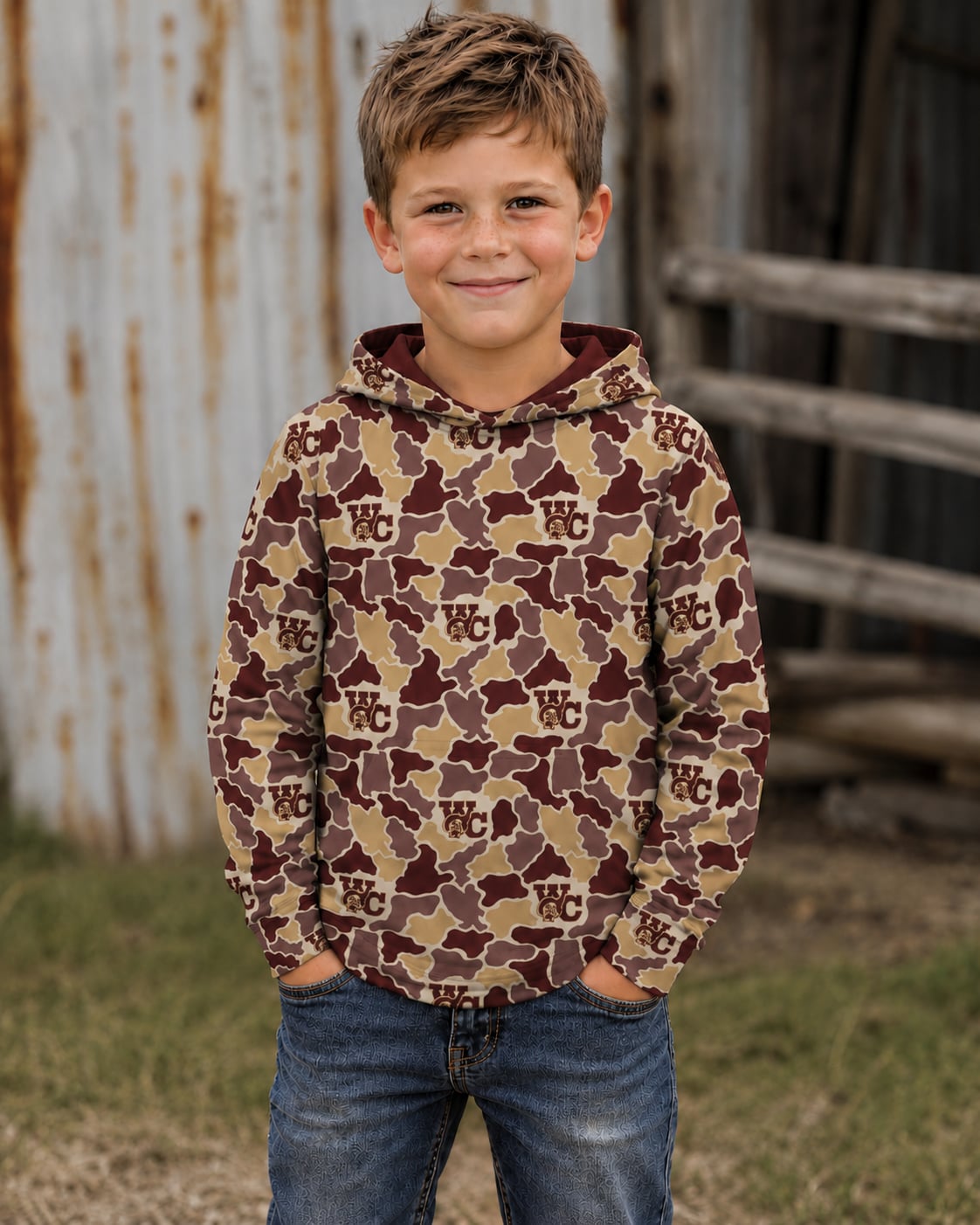 Preorder (moq 5)Baby Boys Long Sleeve Wine Khaki trojans Camo Team Hoodies Top