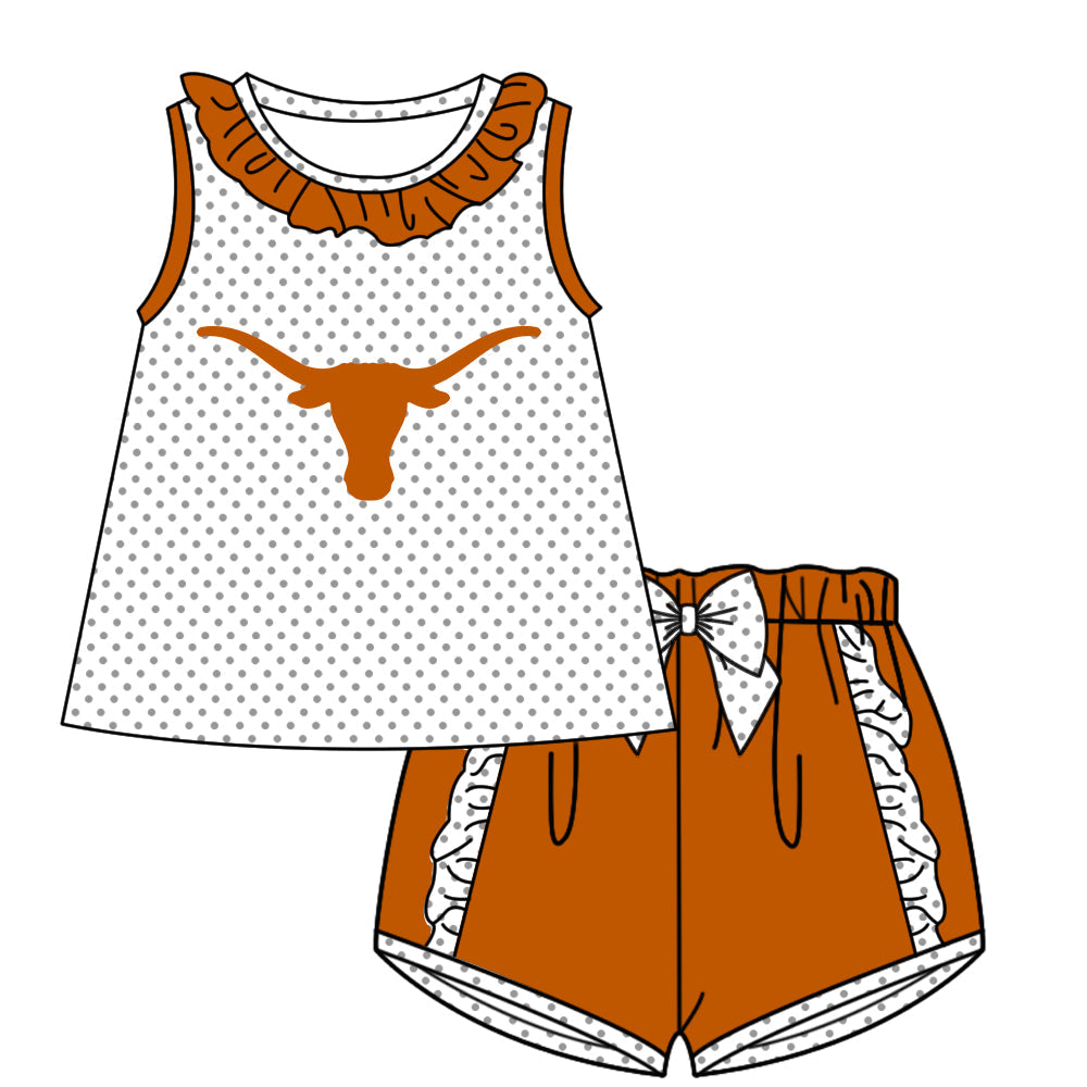 Preorder (moq 5)Baby Girls Texas Longhorns Polka Dots Tunic Ruffle Short Team Sets