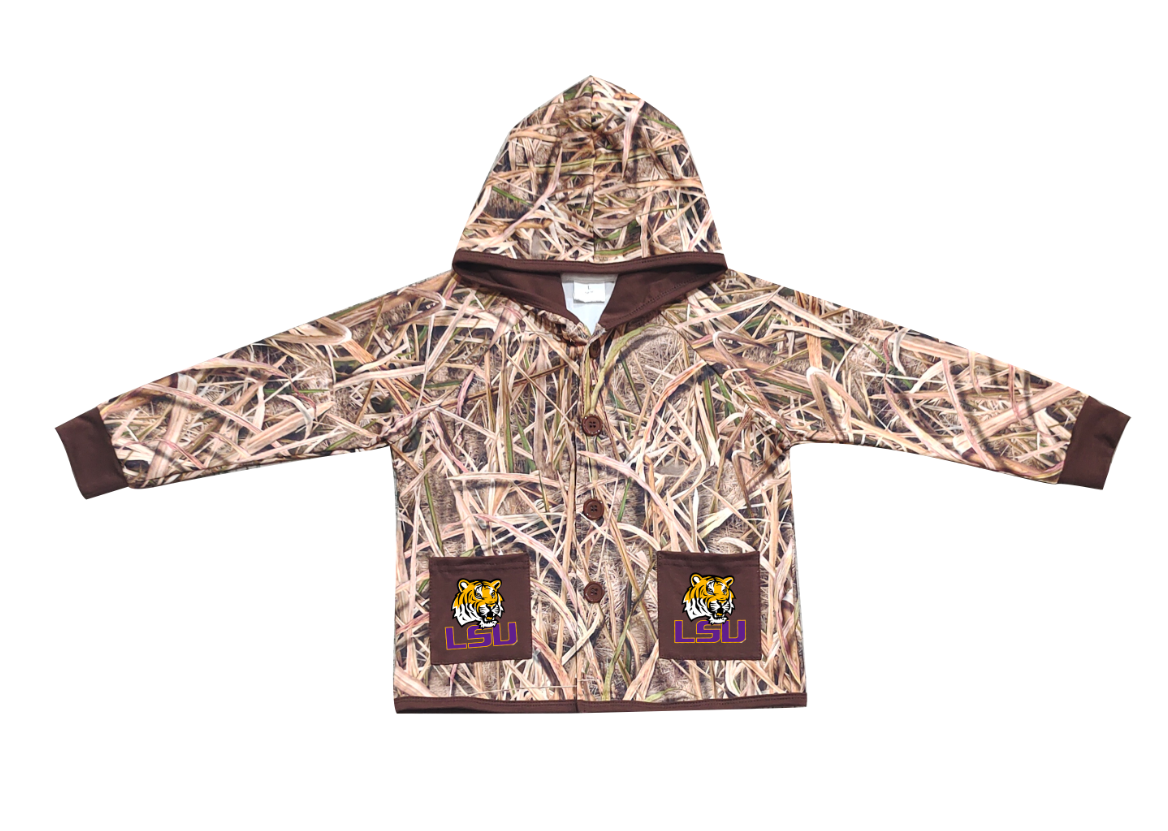 Preorder (moq 5)Baby Boys Khaki Leaves Camo LSU Tigers Pockets Team Button Hoodie Jackets Top