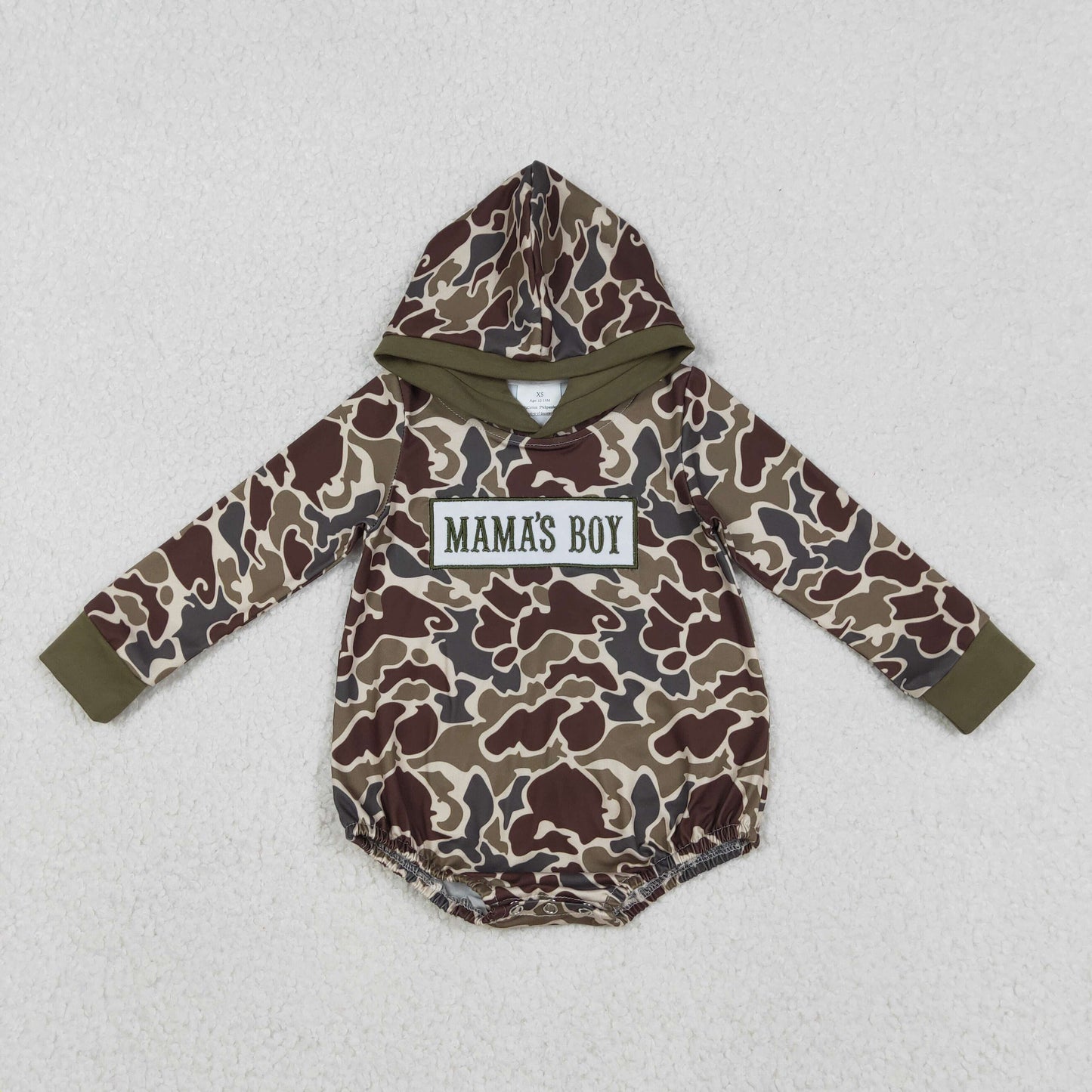 Embroidery Mama's Boy Baby Boys Dark Khaki Camo Hoodie Rompers
