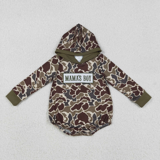 Embroidery Mama's Boy Baby Boys Dark Khaki Camo Hoodie Rompers