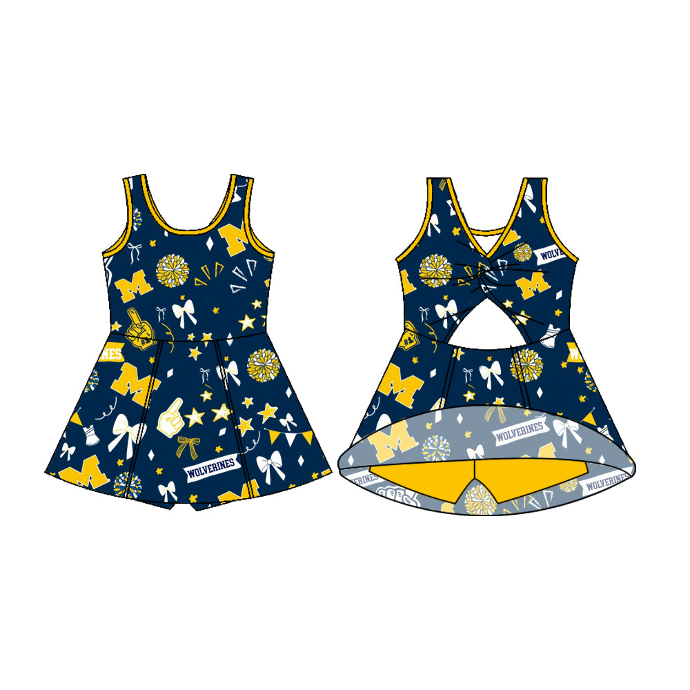 Preorder (moq 5)Baby Girls Sleeveless Navy Wolverines Football Team Shorts Dresses