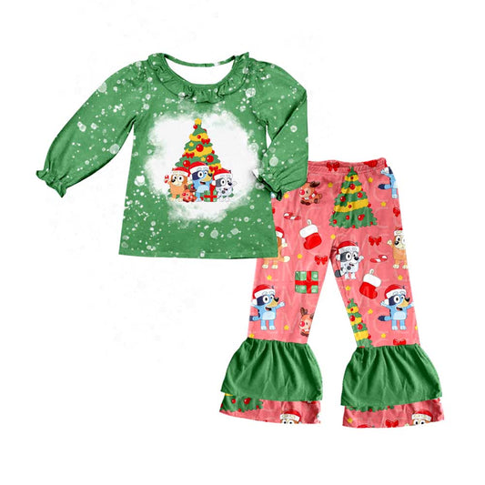 Baby Girls Christmas Ruffle Shirt Dogs Pants Clothes Sets preorder(moq 5)