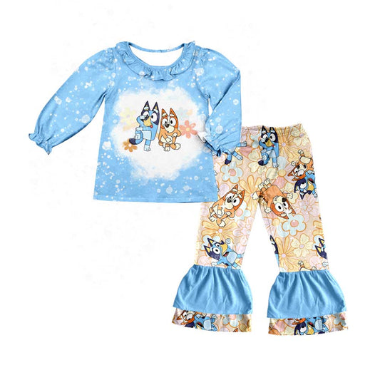 Baby Girls Blue Dogs Ruffle Flowers Pants Clothes Sets preorder(moq 5)