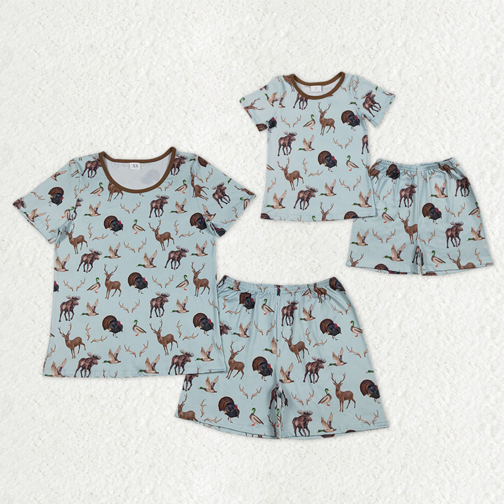 Mama and Me Turkey Deer Ducks Top Shorts Hunting Pajamas Sets
