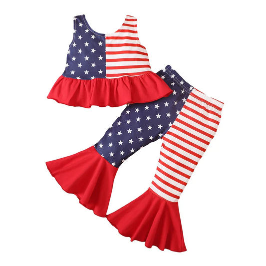Baby Girls 4th Of July Stars Top Bell Pants Clothes Sets preorder (moq 5)