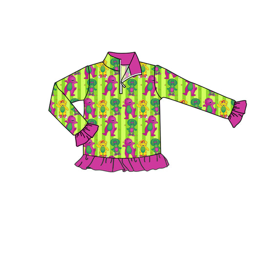 Baby Girls Dinosaurs Long Sleeve Ruffle Zip Pullover Tops Preorder(moq 5)