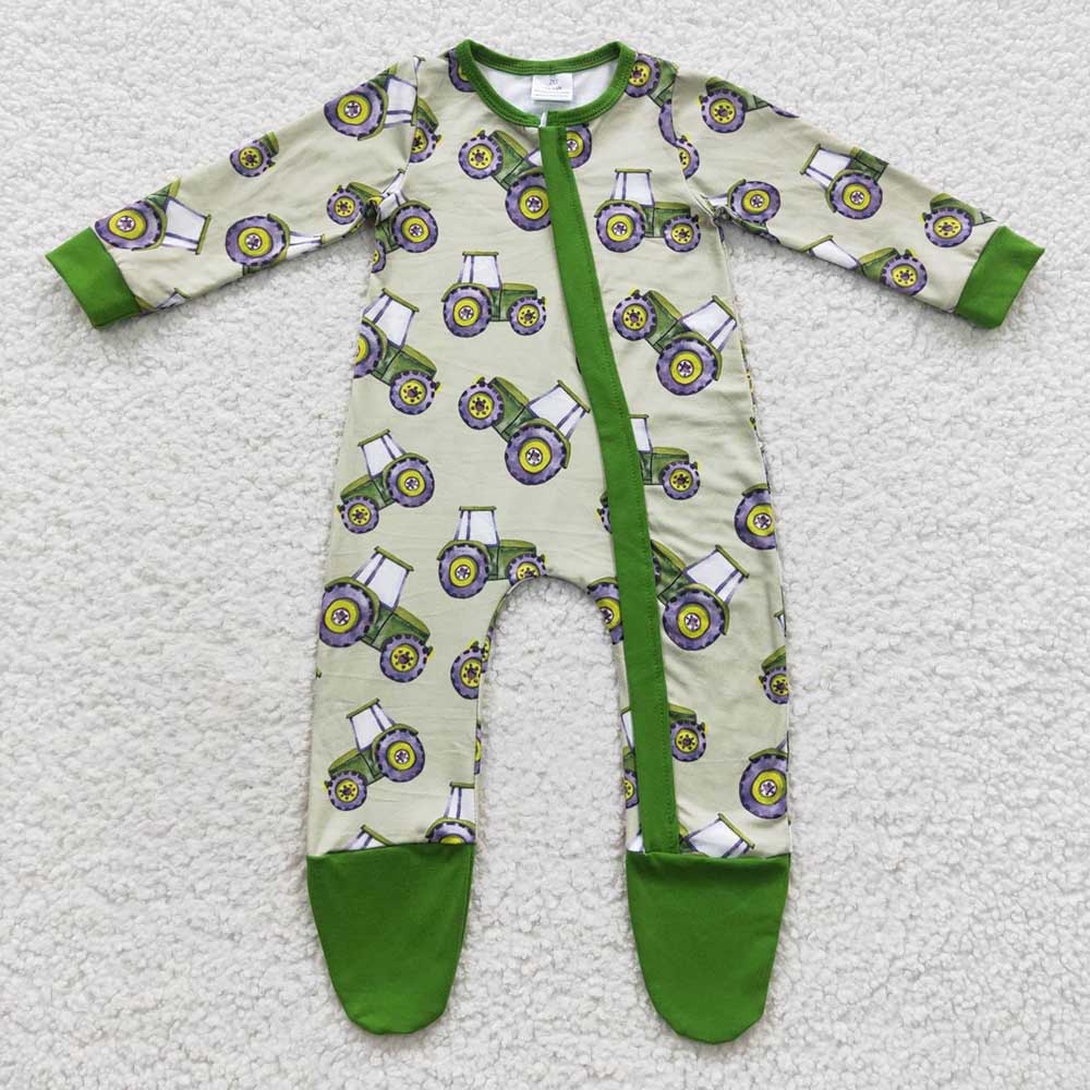 Baby Boys Green Tractor Footie Zip Rompers