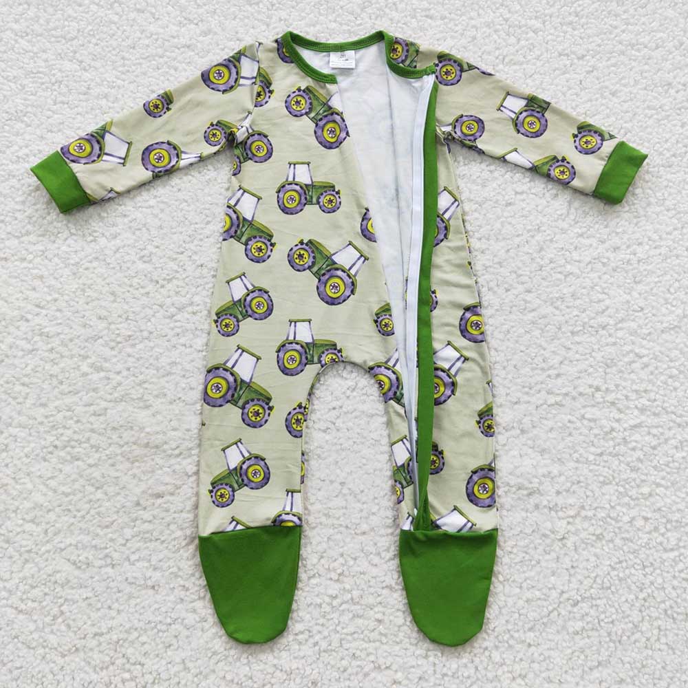 Baby Boys Green Tractor Footie Zip Rompers