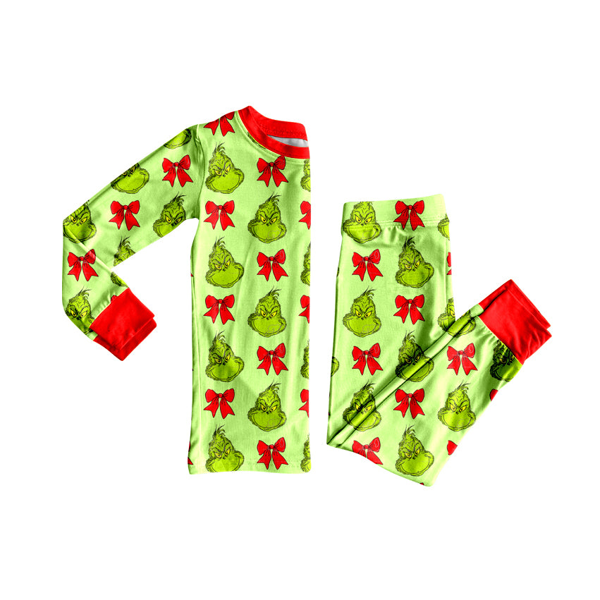 Preorder (moq 20)Baby Girls Bamboo Green Faces Bows Christmas Pajamas Sets