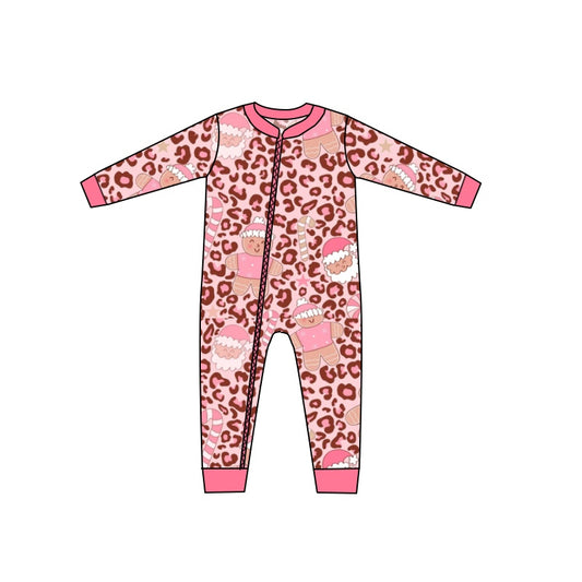 Baby Girls Gingerbread Leopard Christmas Zip Rompers preorder(moq 5)