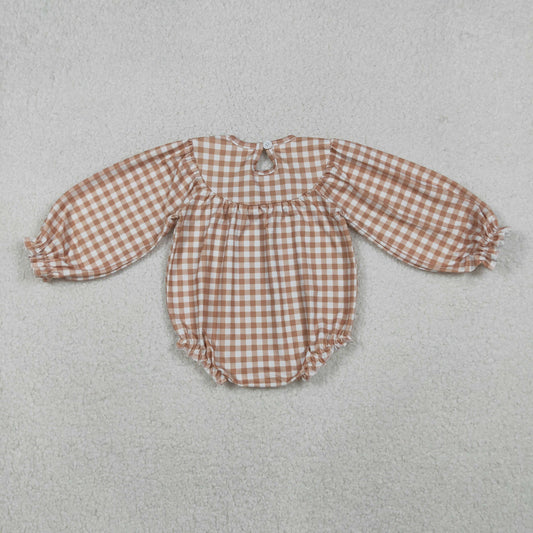 Smocked Turkey Leaves Baby Girls Khaki Checked Thanksgiving Ruffle Rompers