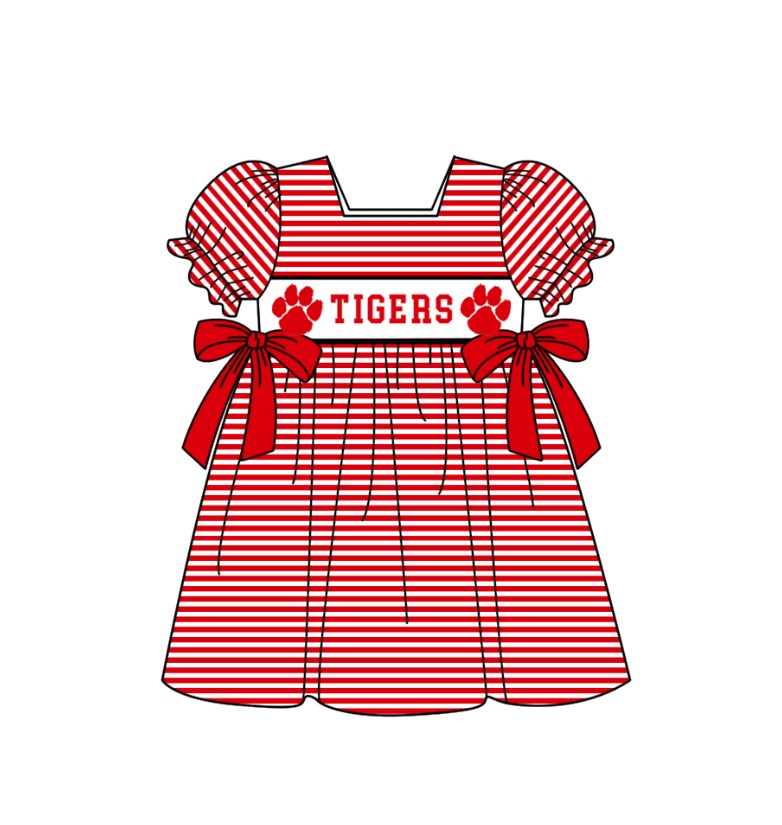 Preorder (moq 5)Baby Girls Short Ruffle Sleeve Red Stripe Tigers Team Knee Length Dress