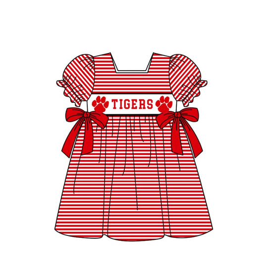 Preorder (moq 5)Baby Girls Short Ruffle Sleeve Red Stripe Tigers Team Knee Length Dress