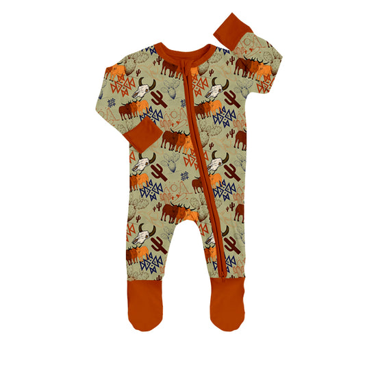 Baby Boys Western Cow Cactus Zip Rompers preorder(moq 5)