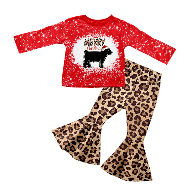 Baby Girls Merry Christmas Bell Leopard Pants Clothing Sets preorder(moq 5)