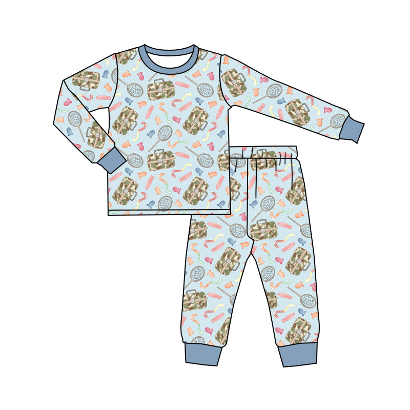 Baby Boys Blue Fishing Pajamas Clothing Sets preorder(moq 5)