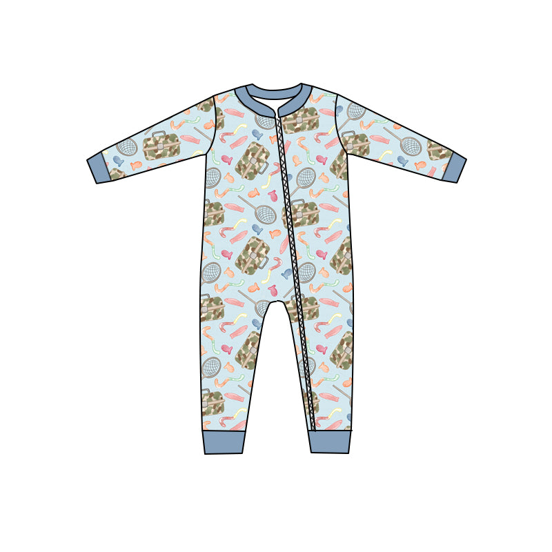 Baby Boys Fishing Blue Zip Rompers preorder(moq 5)