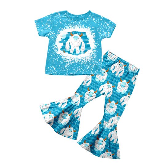 Baby Girls Blue Cartoon Cow Tee Shirt Bell Pants Clothing Sets preorder(moq 5)