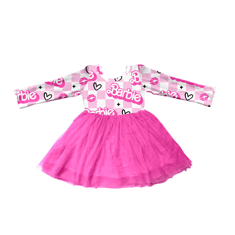 Baby Girls Long Sleeve Pink Checkered Doll Tutu Dresses preorder(moq 5)