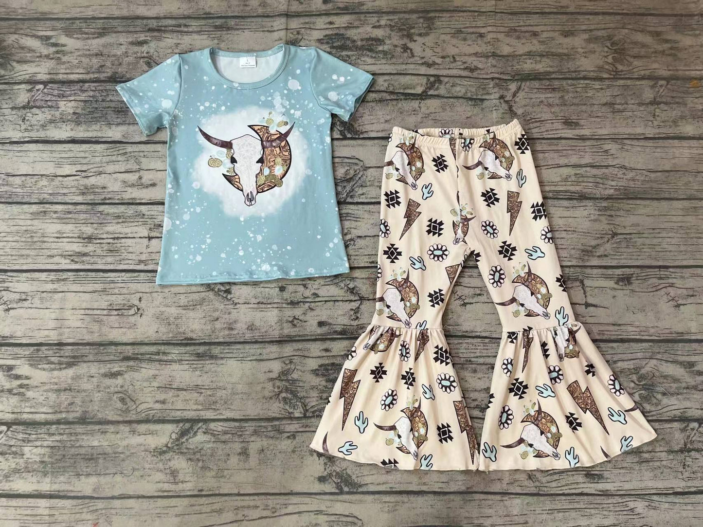 Baby Girls Green Cow Skull Tee Shirt Bell Pants Clothes Sets