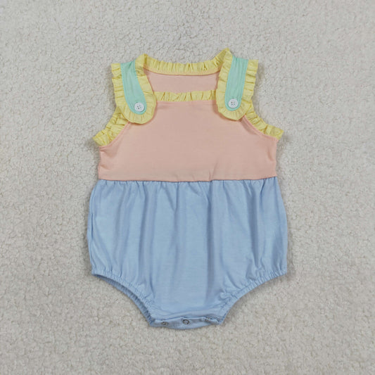 Baby Girls Sleeveless Pink Blue Patchwork Ruffle Rompers