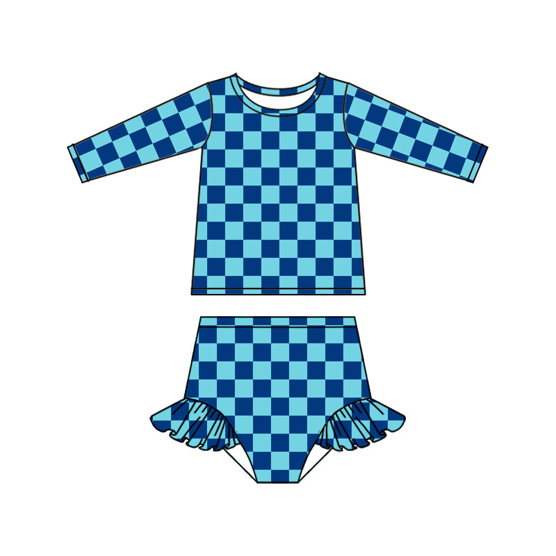 Baby Girls Blue Checkered Long Sleeve Top Bummie Swimsuits Clothes Sets Preorder(moq 5)