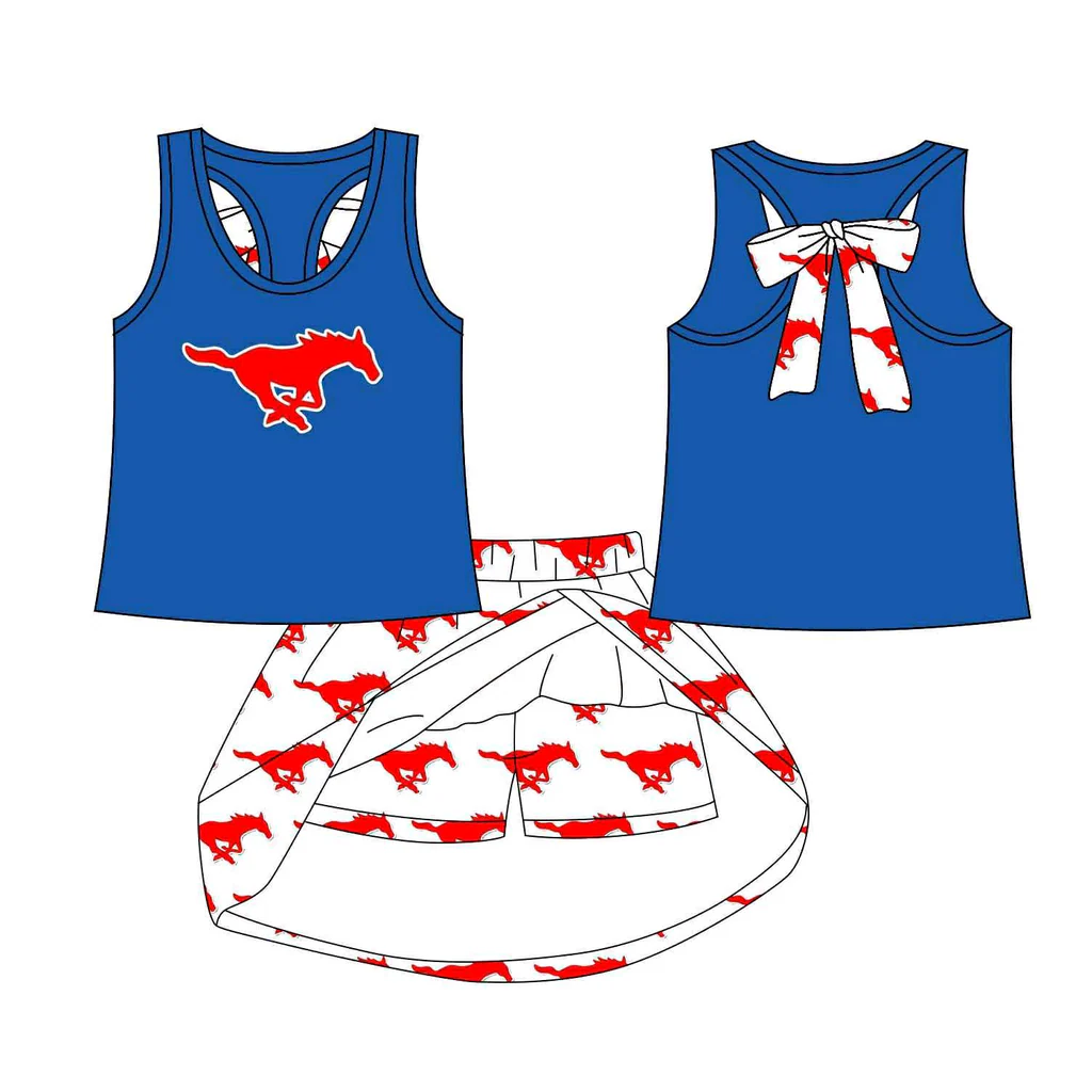 Preorder (moq 5)Baby Girls Blue Red Horse bow vest team Top Skirt Skort Sets