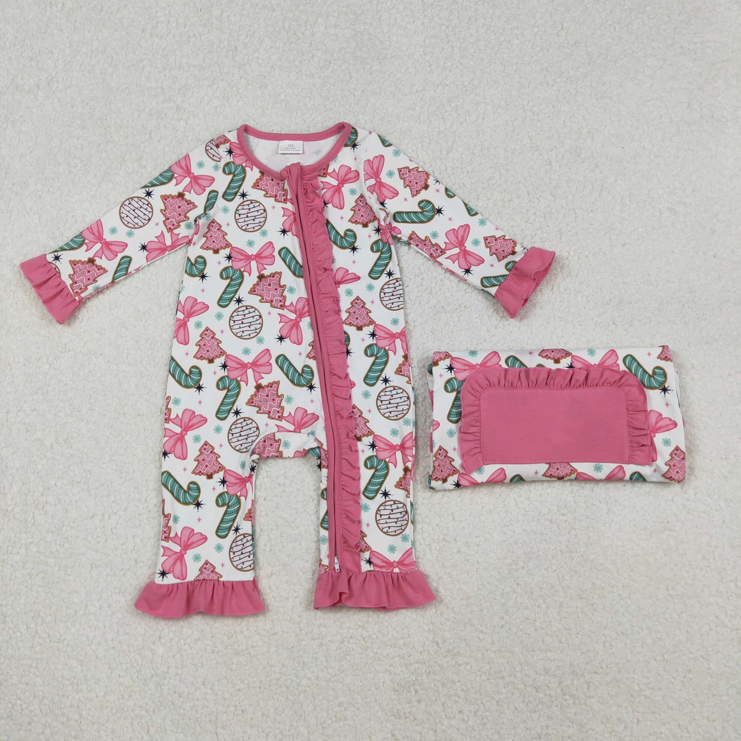 Baby Girls Candy Cane Trees Christmas Ruffle Zipper Footie Rompers