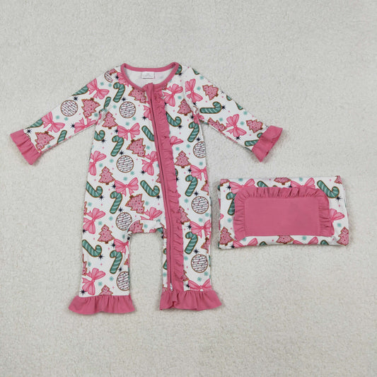 Baby Girls Candy Cane Trees Christmas Ruffle Zipper Footie Rompers