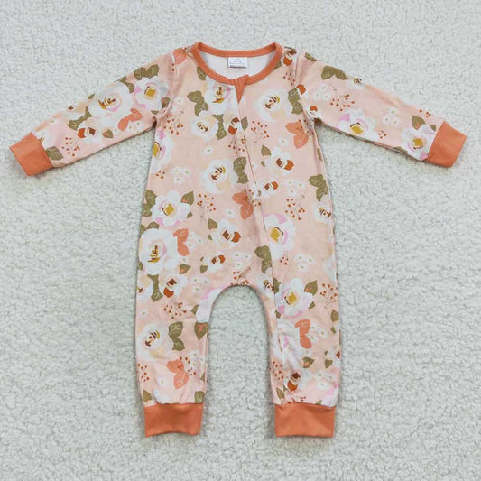Baby Girls Orange Flowers Long Sleeve Zip Rompers