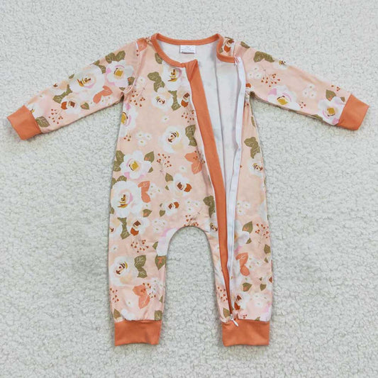 Baby Girls Orange Flowers Long Sleeve Zip Rompers