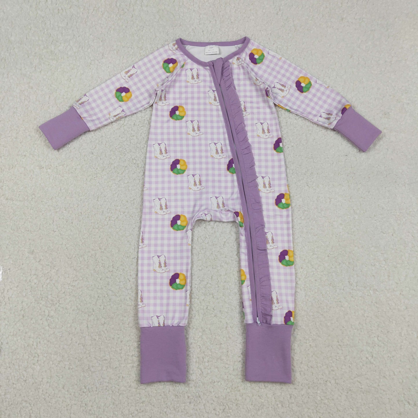 Baby Girls Mardigras Boots Donuts Checked Two Way Ruffle Zip Convertible Rompers