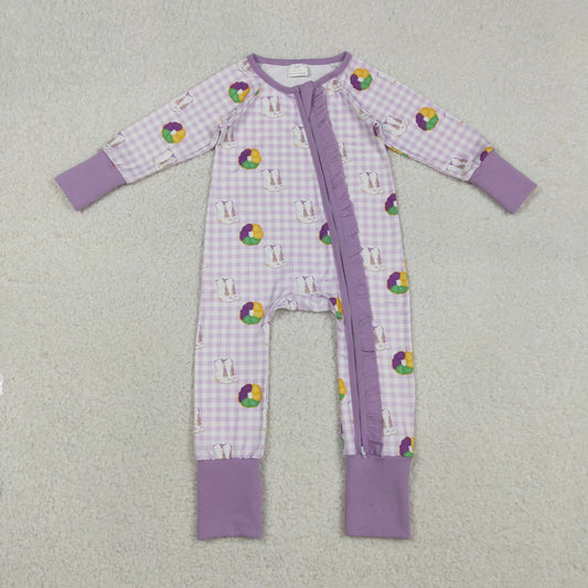 Baby Girls Mardigras Boots Donuts Checked Two Way Ruffle Zip Convertible Rompers