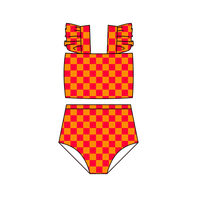 Baby Girls Orange Checkered Straps Top Bummie Swimsuits Clothes Sets Preorder(moq 5)