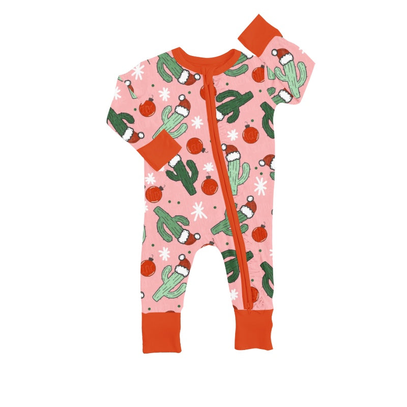 Christmas Red Baby Girls Cactus Zip Rompers preorder(moq 5)