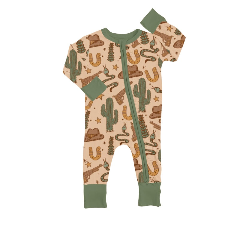 Western Baby Kids Cactus Green Color Zip Rompers preorder(moq 5)