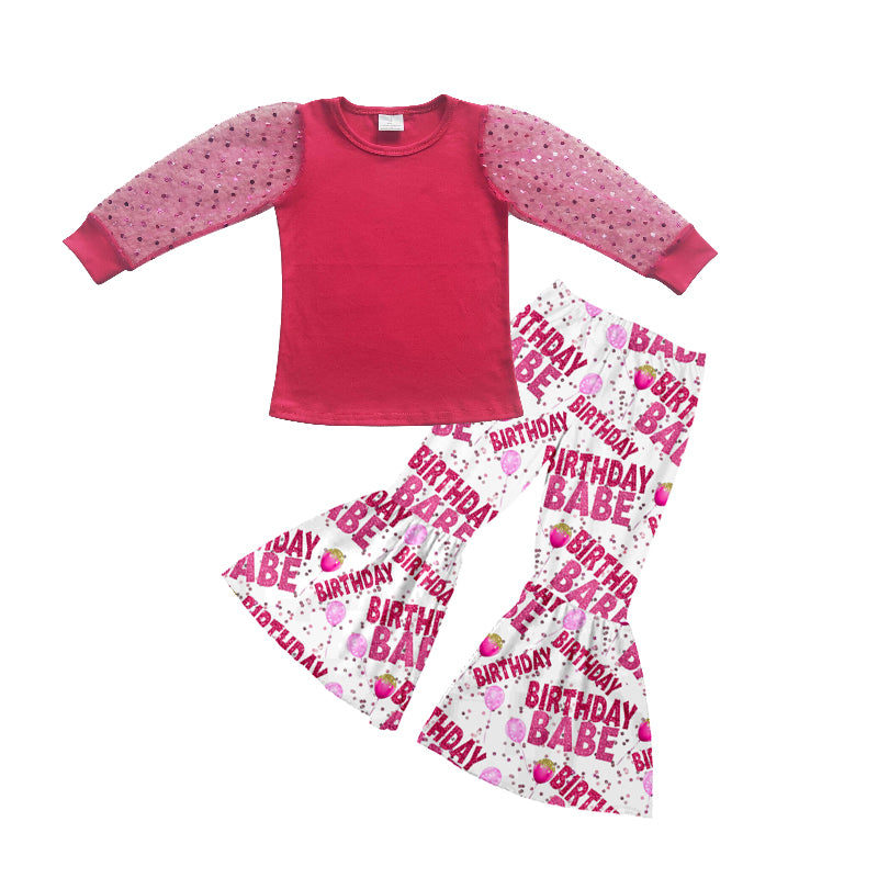 Birthday Babe Baby Girls Pink Sparkle Shirt Bell Pants Clothing Sets preorder(moq 5)