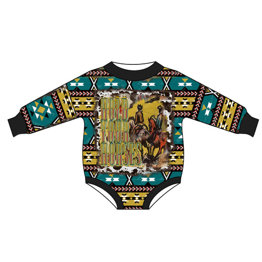 Western Aztec Baby Girls Green Horse Rompers preorder(moq 5)