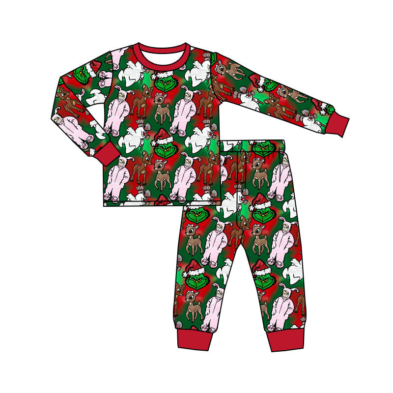 Christmas Baby Girls Green Red Frog Cartoon Pajamas Clothing Sets preorder(moq 5)