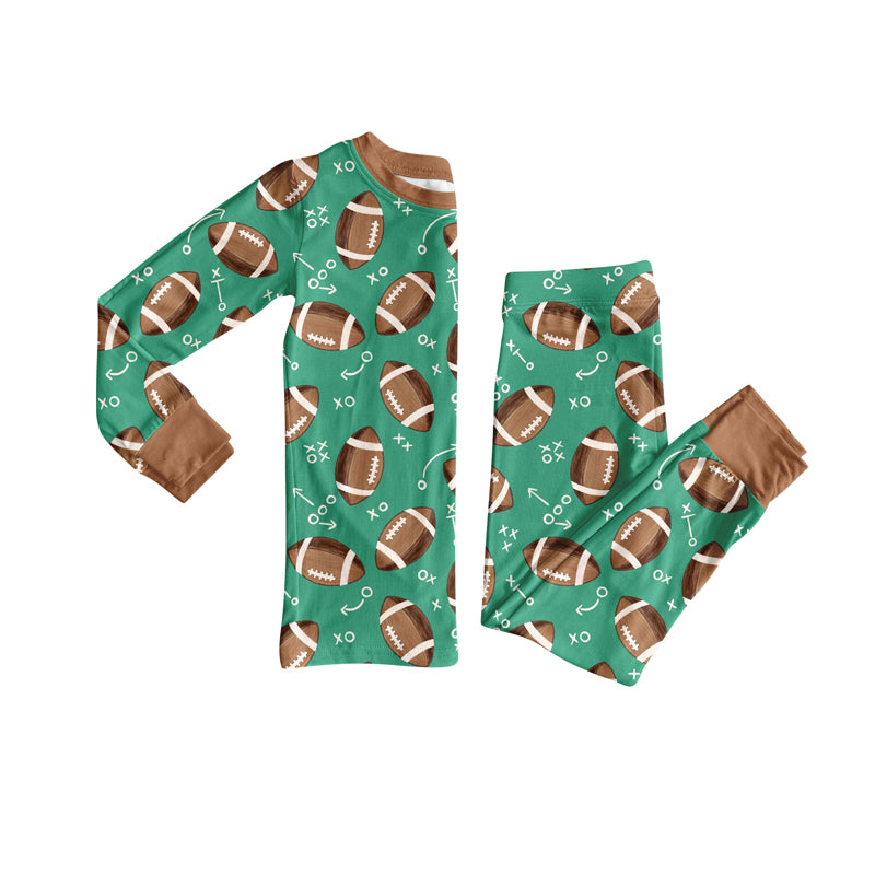 Preorder (moq 20)Baby Boys Bamboo Green Footballs Letter Team Pajamas Sets