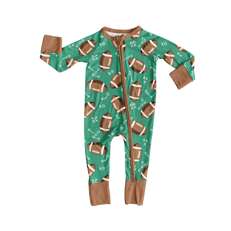 Preorder (moq 20)Baby Boys Bamboo Green Footballs Letter Team Zippy Footie Rompers