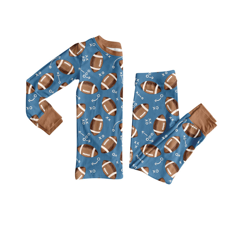 Preorder (moq 20)Baby Boys Bamboo Blue Footballs Letter Team Pajamas Sets