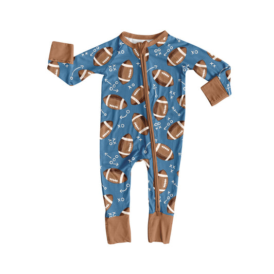 Preorder (moq 20)Baby Boys Bamboo Blue Footballs Letter Team Zippy Footie Rompers